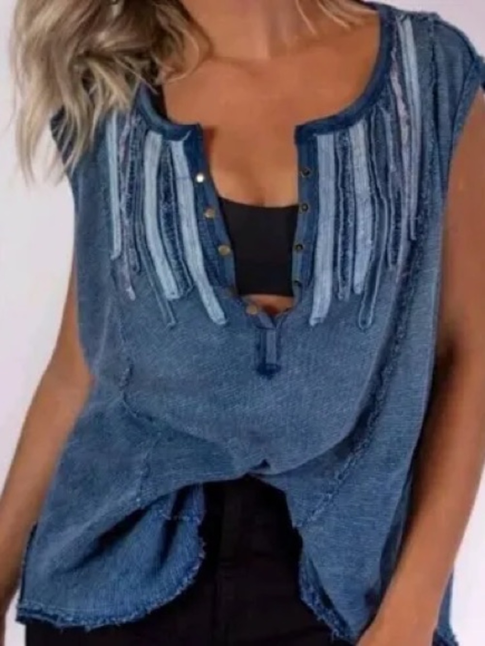 We The Free Oversized Women's Denim-Style Fringe Henley Tank Top - Blue